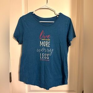 Blue Graphic Tee with Colorful Text
